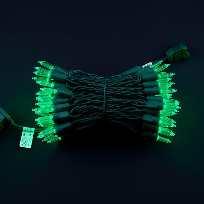 100 One-Piece LED Outdoor String Lights, 33 ft Cord High Waterproof UL Certified T5 Green Christmas Lights
