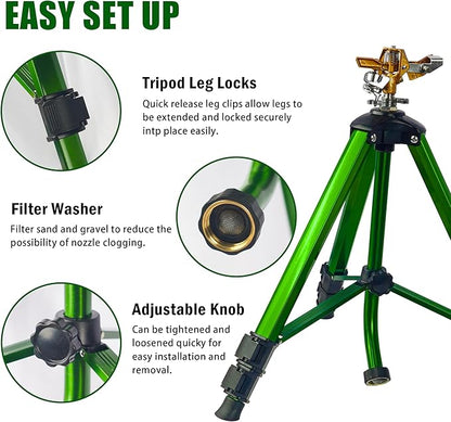Impact Sprinkler on Tripod Base, Tripod Sprinklers with Brass Head, 360 Degree Large Area Irrigation with Extension Legs Flip Locks, Heavy Duty 3/4" Connector for Lawn Yard Garden