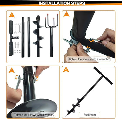 2 in 1 Hand Auger Spiral Drill for Planting, 4 X 44.5inch Post Hole Digger Manual Auger for Fence Posts, Sand, Bulb, Seedlings, Tree, Mail Box, Manual Garden Spiral Hole Digging Drill with Non-Slip.