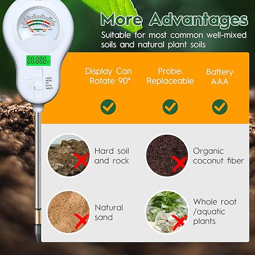 6-in-one Soil Test Kit-Soil Moisture Meter/PH Meter/Fertility/Sunlight Intensity Soil Tester, LCD Air Hygrometer&Temperature Moisture Meter for Plants-Garden, Lawn,Farm,2 Pack Detachable Probe
