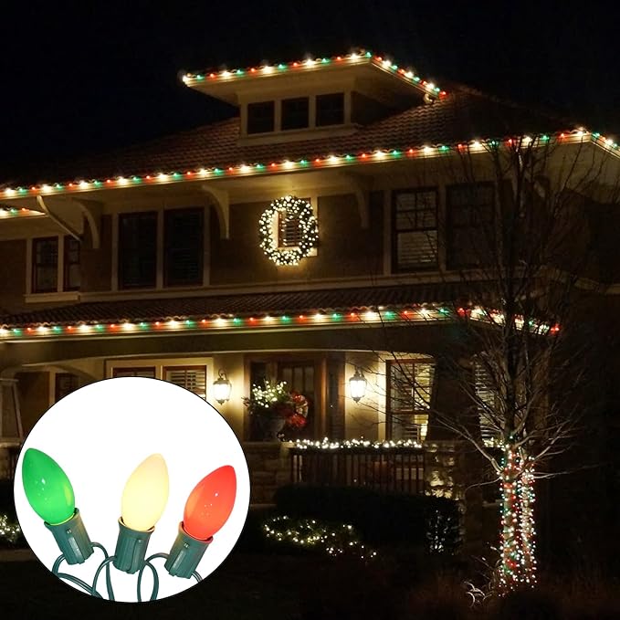 SUNSGNE C9 Christmas String Lights, 25 Feet Vintage Christmas Tree Lights with 26 7W Red Green White Glass Bulbs(1 Spare) for Patio Balcony Xmas Decor, Green Wire