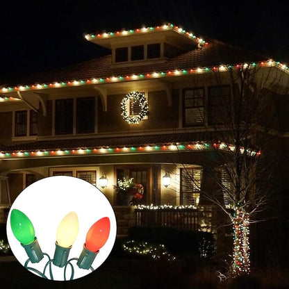 SUNSGNE C9 Christmas String Lights, 25 Feet Vintage Christmas Tree Lights with 26 7W Red Green White Glass Bulbs(1 Spare) for Patio Balcony Xmas Decor, Green Wire