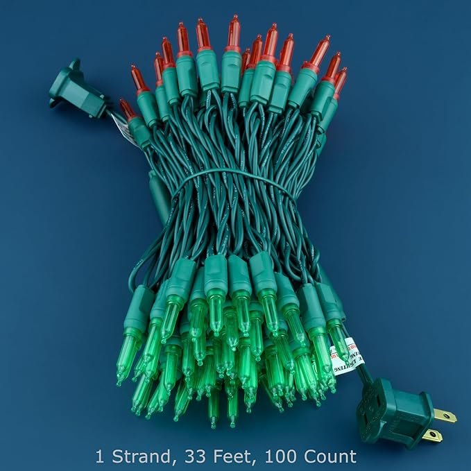 100 Red & Green One-Piece LED Christmas Lights, 33 ft Green Cord High Waterproof UL Certified T5 Outdoor String Lights (Red & Green)