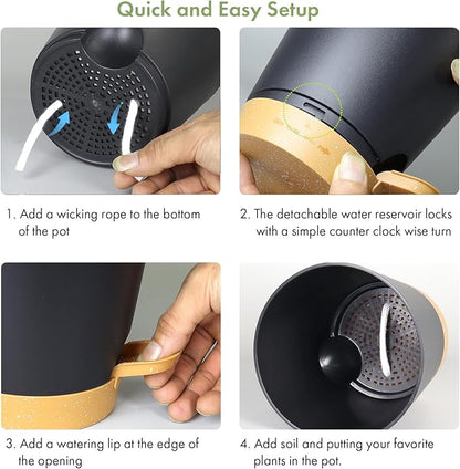 7/6.5/6/5.5/5/4 inch Self Watering Pots for Indoor Outdoor Plants, 6 Pack Plastic Flower Planters with Drainage Holes and Removable Saucers, Plant Pots with Wicking Rope, Black Brown