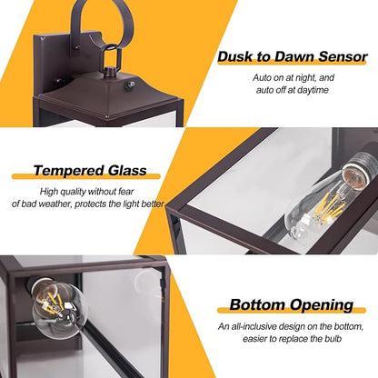 Oil Rubbed Bronze Dusk to Dawn Outdoor Wall Light 19", Large Outside Farmhouse Wall Sconce Brown, Industrial Wall Mount Light Fixture Waterproof, Porch Lighting Exterior Lamp for House Garage