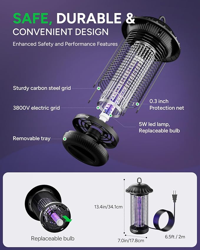 Buzbug LED Bug Zapper Indoor Outdoor, Up to 50,000 Hours Lifespan Lamps, 6.5 ft Power Cord, High-Voltage, Mosquito Zapper, Fly Trap Mosquito Trap, Fly Killer Fly Zapper -MO008C