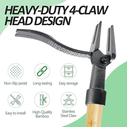 Weed Puller Tool, Stand Up Heavy Duty Weed Remover Tool with Long Handle & 4-Claw Steel Head, Bamboo Garden Hand Weeding Tool - Easily Remove Weeds Without Bending, Pulling,or Kneeling