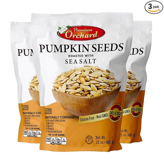 ROASTED PUMPKIN SEEDS to Eat in Shell by Premium Orchards MIXED NUTS - Salted with Sea Salt - Non-GMO Vegan Fresh Healthy Snacks/ - Great source of Plant Protein, Zinc, Magnesium & Iron (Value Pack - 3 Bags)