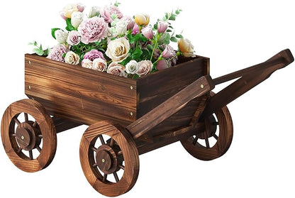 PULIJIA Wooden Wagon Planter Outdoor Garden Planter, Trolley Decoration Succulent Flower cart, Indoor Outdoor Backyard Balcon Decor cart with Wheels, Planter for Patio (HC-S)