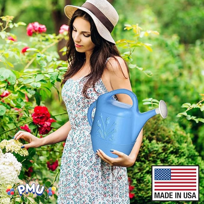 PMU 2 Gallon Watering Can - Garden Watering Can for Indoor & Outdoor Plants - Plastic Water Can with Detachable Sprinkler Head - Large Water Pot, Made in USA - Blue Pkg/1