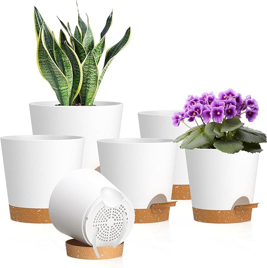 7/6.5/6/5.5/5/4 inch Self Watering Pots for Indoor Outdoor Plants, 6 Pack Plastic Flower Planters with Drainage Holes and Removable Saucers, Plant Pots with Wicking Rope, White Brown