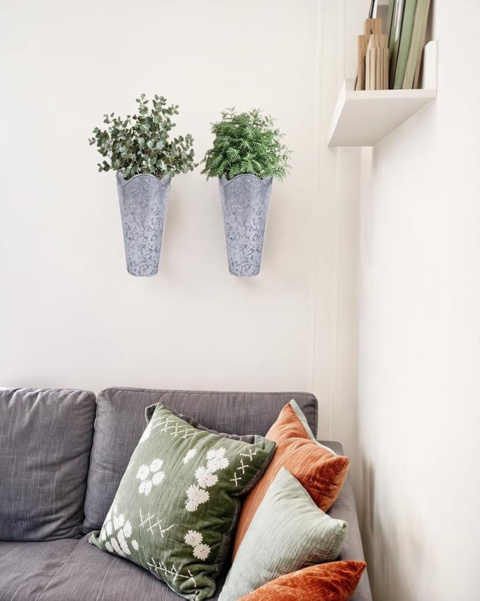 vensovo 12 Inches Galvanized Wall Planters - 2 Packs Metal Tin Vases for Flowers Indoors, Farmhouse Hanging Planter Tall Flower Holder for Country Decor Outdoors, Silver