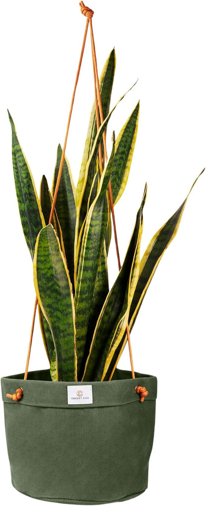 Waxed Canvas Handmade Hanging Planter for Indoor/Outdoor Plants, Hanging Basket Plant Holder Forest Green with Hook