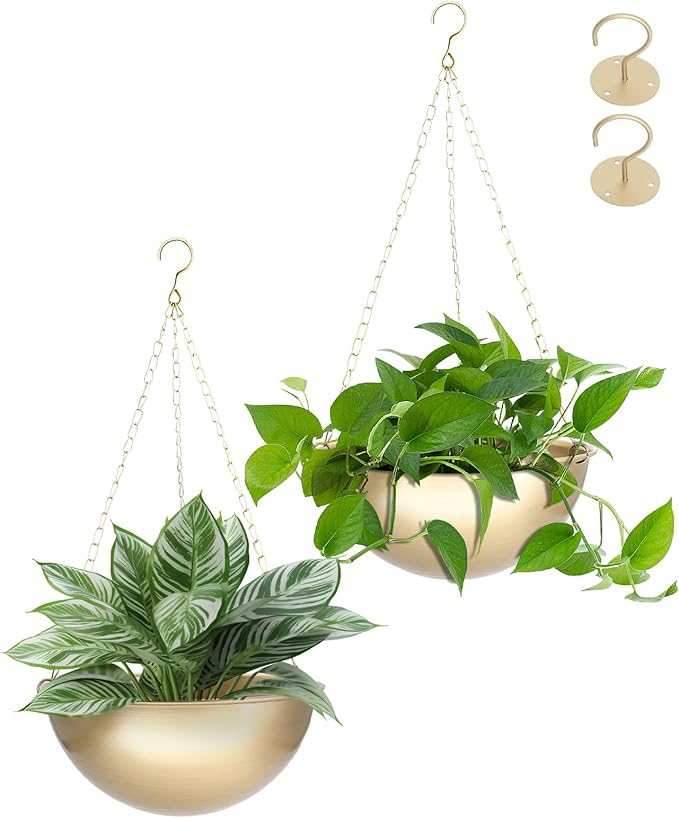 AceList 2 Pack Gold Hanging Planter for Indoor Plants - 9.8 Inch Boho Metal Plant Hanger Indoor with Hooks, Hanging Plant Holder for Window and Ceiling