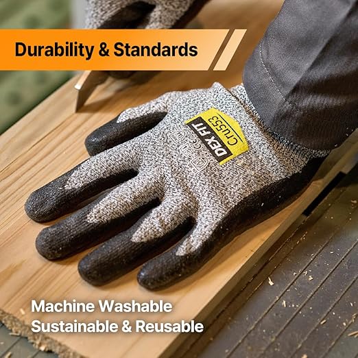 DEX FIT Level 5 Cut Resistant Gloves Cru553, 3D-Comfort Stretchy Fit, Power Grip, Professional Grade, Thin, Touch-Screen Compatible, Durable, Machine Washable; Black M (8) 1 Pair