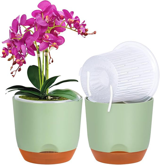 QCQHDU 2 Pack 5.7 Inch Orchid Pots with Holes for Repotting, Double-Layer and Self Watering Orchid Pot with Good Air Circulation