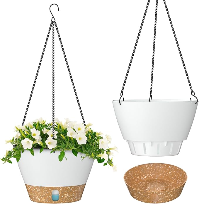ZMTECH 8 Inch Hanging Planters for Indoor Plants, Hanging Baskets for Plants Outdoor with Visible Water Level, Hanging Flower Pots with Drainage Holes & Removable Tray(2 Pack, White)