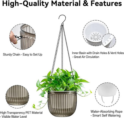 Halatool 2 Pack Self Watering Hanging Planters for Indoor Plants- 6.5 Inch Outdoor Hanging Flower Pots with 2 Metal Chains for Garden Home Wall Decor (Starry Gray)