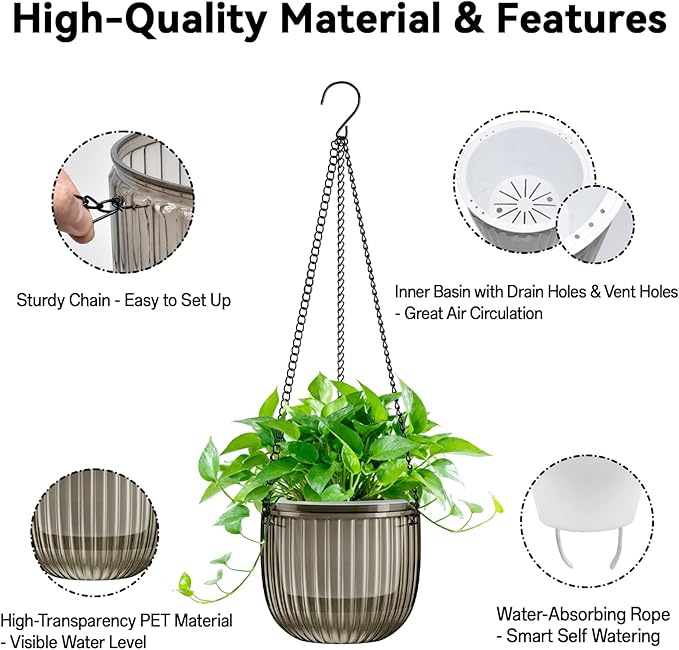 Halatool 2 Pack Self Watering Hanging Planters for Plants, 8.3 Inch Hanging Baskets, 3 Hooks Plant Hangers with Drainage Holes for Gardening (Gray)