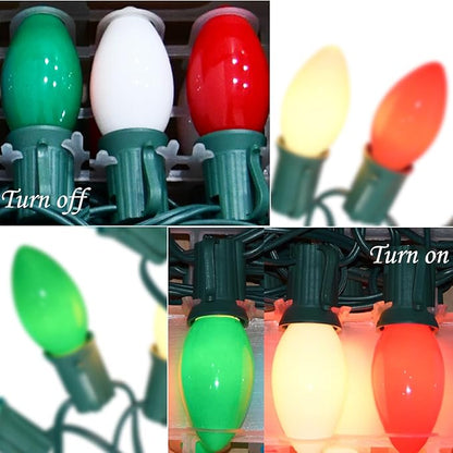 SUNSGNE C9 Christmas String Lights, 25 Feet Vintage Christmas Tree Lights with 26 7W Red Green White Glass Bulbs(1 Spare) for Patio Balcony Xmas Decor, Green Wire