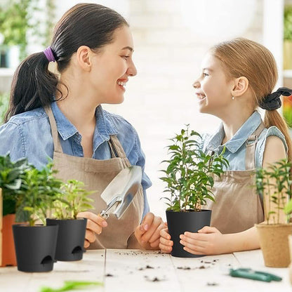 4 inch Self Watering Pots for Indoor Outdoor Plants, 6 Pack Plastic Flower Planters with Drainage Holes and Removable Saucers, Plant Pots with Wicking Rope, Modern Decor, Black