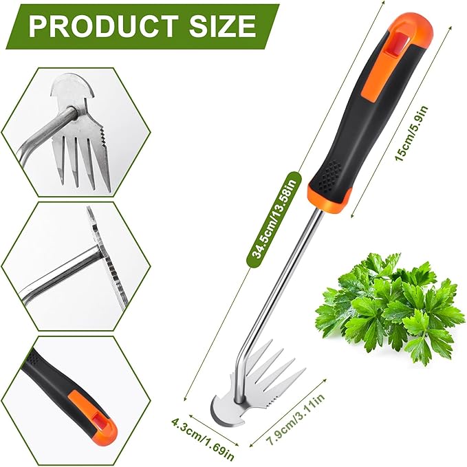 Hand Weeder Tool, Rubber Handle Manual Weeder Puller Tool, Uprooting Weeding Tools, Crack Weeder Crevice, 4 Teeth Weeding Tool, Planting and Weeding for Garden, Patio, Backyard Farm