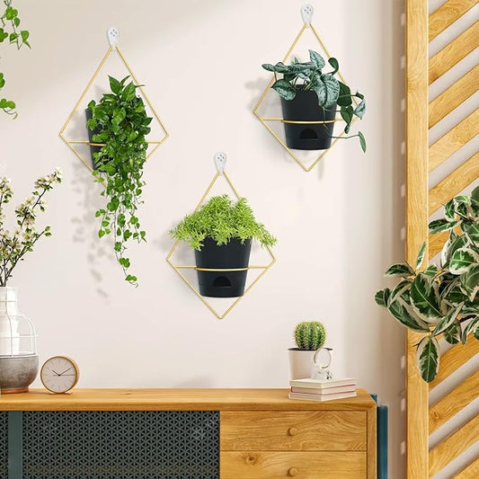 3 Sets Wall Planters for Indoor Plants Geometric Hanging Planters for Indoor Plants - Self-Watering Flower Pots with Black Metal Holder, Mounted Succulent Planter, 5" Black Plant Pot