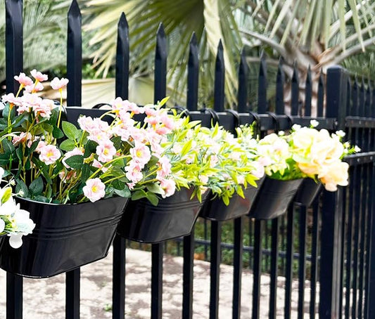 8 Pack Metal Hanging Planter for Outdoor Plants, 10 Inch Black Fence Planters Railing Pots for Garden Patio Balcony Decor, Flower Bucket with Detachable Hooks (Black, 8Pcs)