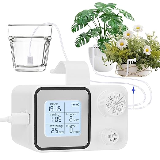 Automatic Plant Watering Devices with Programmable Water Timer and LED Display,Automatic Drip Irrigation Kit System for 15 Potted Plants Outdoor Indoor Garden Balcony Vacation