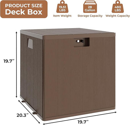 28 gal Brown Resin Deck Box, Outdoor Storage Box Waterproof Lockable, Patio Square Deck Box For Package Delivery, Outside Storage Box Container for Furniture Cushions, Garden Tools, Pool Accessories