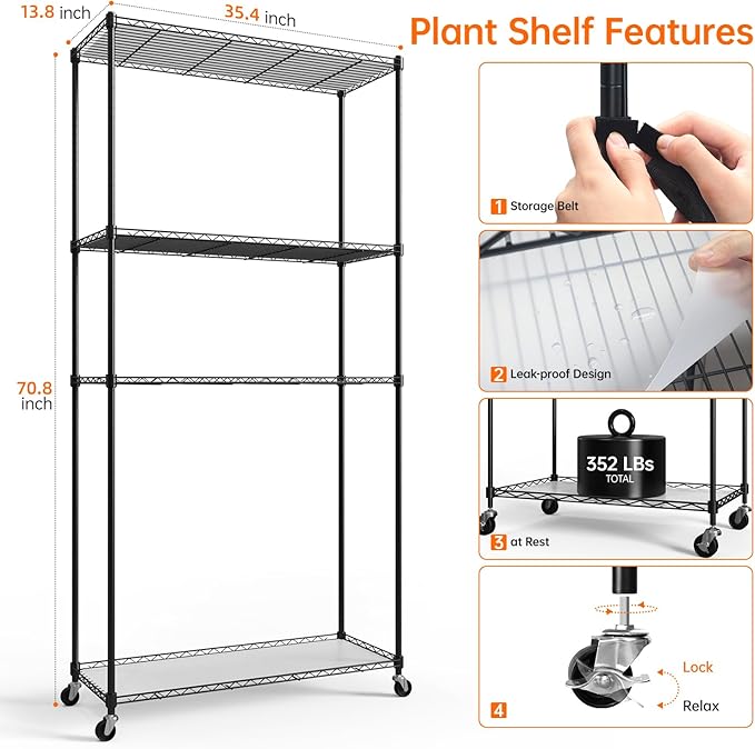 Bstrip Plant Shelf with Grow Light with Timer, Tall Plant Stand with Adjustable Rack and Wheels, 6 Pack T5 3FT Full Spectrum Grow Lights for Indoor Plants, Seed Starting, Seed Tray, 35.4"x13.8"x70.8"