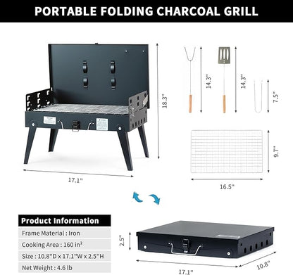 MASTER COOK Portable Charcoal Grill, Foldable BBQ Grill Kit Easy to Carry, Mini Tabletop Grill for Outdoor Camping, Patio and Picnic, 17.1”*10.8”*2.5”