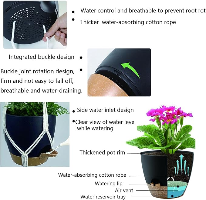 Hanging Planters with Macrame Plant Hangers for Indoor Outdoor Plants,3 Set Hanging Baskets Flower Pots Holders 35‘’/27‘’/21‘’,Self-Watering Pots 7‘’/6‘’/5.5‘’,Boho Home Decor (Black)