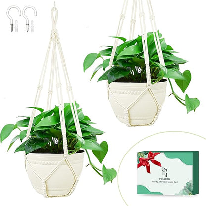FGSAEOR Macrame Plant Basket Indoor Outdoor, Hanging 3-15 inch Pot, Bearing 20lb Planters, DIY Handmade Hanging Planter Holder, 35-Inch Extra Long Strong Boho Home Décor (2-Pack) (Ivory)