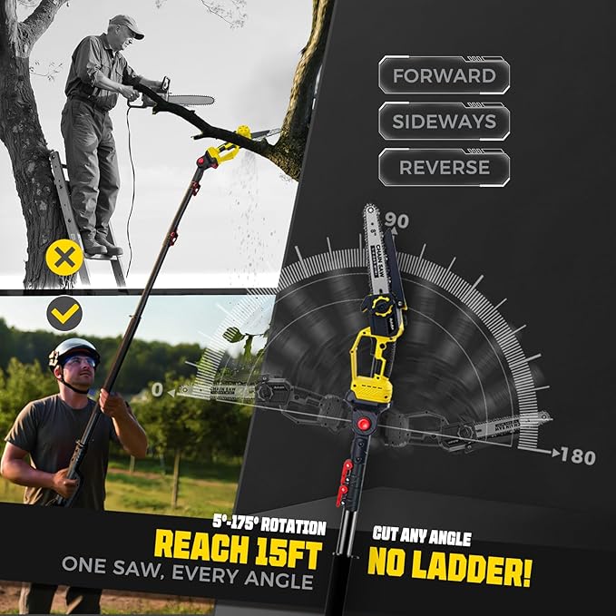 Brushless 2-IN-1 Cordless Pole Saw & Mini Chainsaw, 2× 21V 4.0Ah Battery Powered 8 Inch Chain,Max 16 Ft & Multi-Angle Electric Pole Saw for Tree Trimming, Christmas Gifts For Father,Husband,Men