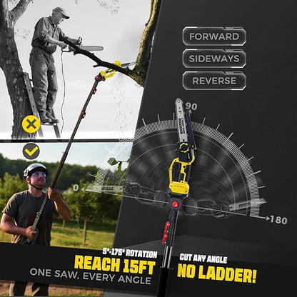 Brushless 2-IN-1 Cordless Pole Saw & Mini Chainsaw, 2× 21V 4.0Ah Battery Powered 8 Inch Chain,Max 16 Ft & Multi-Angle Electric Pole Saw for Tree Trimming, Christmas Gifts For Father,Husband,Men