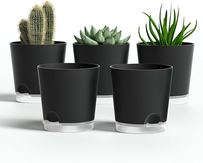 4 Inch 5 Pack Small Self Watering Pots for Indoor Plants, Nursery Pot with Drainage Holes and Saucers, Plastic Small Flower Planter for Succulent, Aloe, Cacti and More(Black)