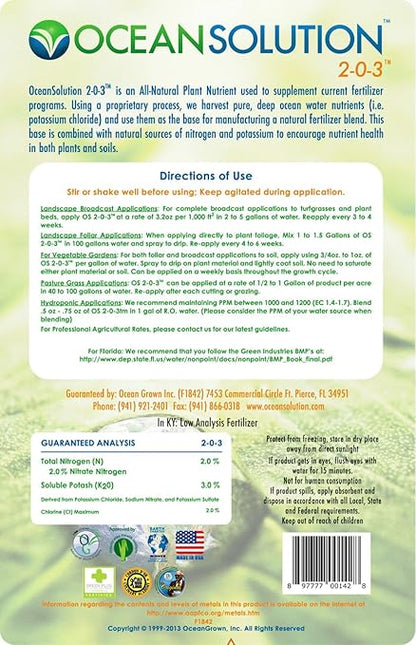 OceanSolution 2-0-3 All Natural Liquid Fertilizer – 1 Gallon Concentrated Mineral Fertilizer & Plant Food for Microgreens, Hydroponics, Gardens & Lawns–OMRI Listed, No Odor(1oz per Gallon of Water)