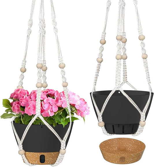 ZMTECH 2 Pack 10 Inch Hanging Planters with Macrame Plant Hanger for Indoor and Outdoor Plants, Self Watering, Drainage Hole, Visible Level Tray, Gray