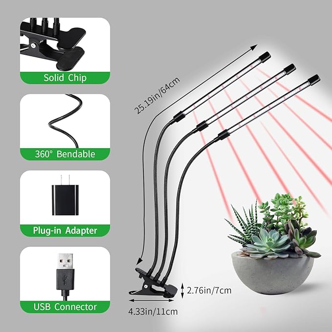 3 Head Grow Lights for Indoor Plants, Upgrade 126 LEDs Clip Plant Lights, Full Spectrum Red White LED Plant Growing Lamps with Flexible Gooseneck, 3/9/12H Timer, 3 Spectral Modes, 10 Dimmable Levels