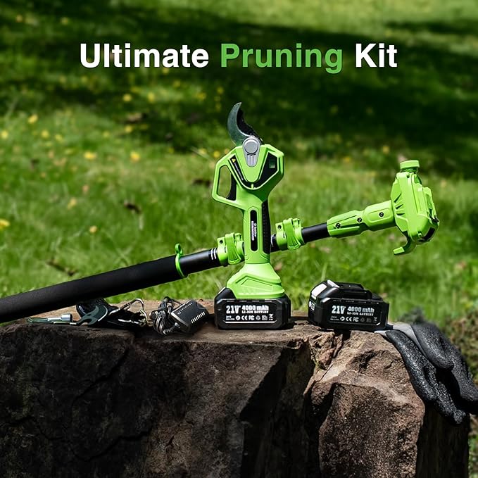 Electric Pruning Shears with Pole: 1.6" Cutting Diameter 2-in-1 Cordless Pole Pruner - 2 Pcs 4.0Ah Batteries, Brushless Motor, Extra SK5 Blade, Branches Cutter for Flower Tree Trimming