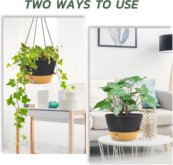 ZMTECH 12 Inch Large Hanging Planters for Outdoor Plants, Self Watering Hanging Planter with Visual Reservoir, Hanging Baskets for Plants Indoor with Drainage Hole and Plant Hanger(3 Pack, Gray)