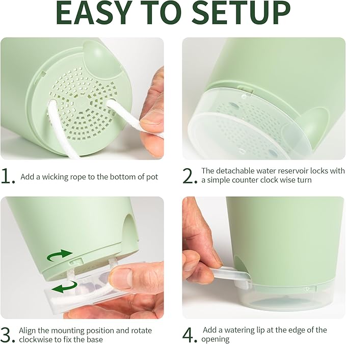 4 Inch 5 Pack Small Self Watering Pots for Indoor Plants, Nursery Pot with Drainage Holes and Saucers, Plastic Small Flower Planter for Succulent, Aloe, Cacti and More(Green)