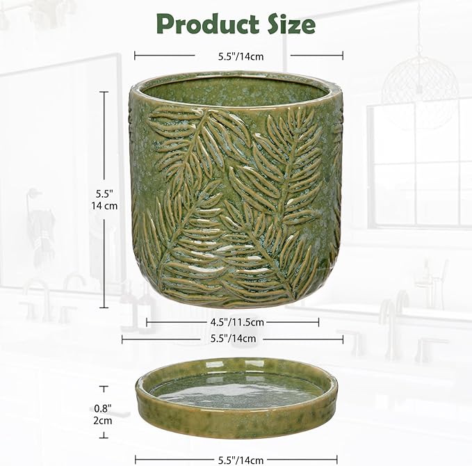 5.5 Inch Ceramic Planter Pots with Drainage Holes, Saucers for Indoor-Outdoor Plants, Succulent Orchid Flower Large Round Plant Pot Green