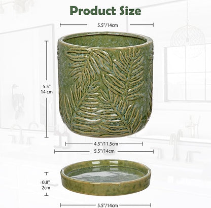 5.5 Inch Ceramic Planter Pots with Drainage Holes, Saucers for Indoor-Outdoor Plants, Succulent Orchid Flower Large Round Plant Pot Green