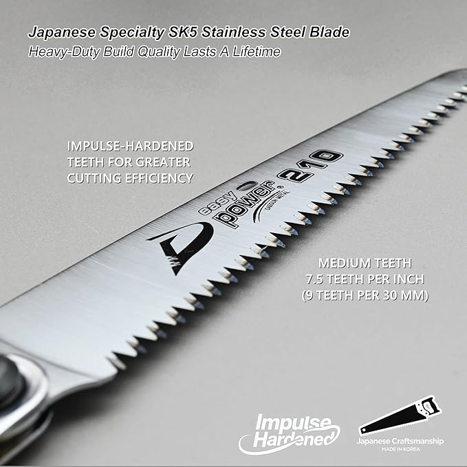 TONMA Folding Hand Saw [Made in Korea] 8" (210mm) Medium Teeth Small Pruning Hand Saw for Wood Cutting, Camping, Garden Woodworking, Japanese Craft Plating Impulse Hardened Stainless Blade
