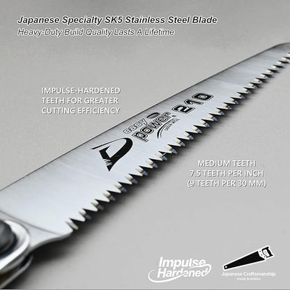 TONMA Folding Hand Saw [Made in Korea] 8" (210mm) Medium Teeth Small Pruning Hand Saw for Wood Cutting, Camping, Garden Woodworking, Japanese Craft Plating Impulse Hardened Stainless Blade
