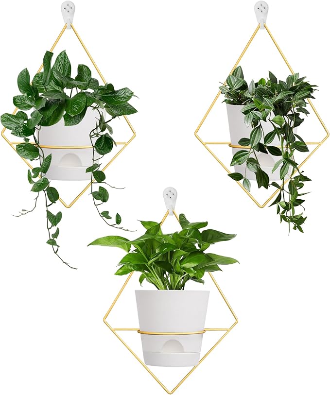 3 Sets Wall Planters for Indoor Plants Geometric Hanging Planters for Indoor Plants - Self-Watering Flower Pots with Black Metal Holder, Mounted Succulent Planter, 5" Black Plant Pot