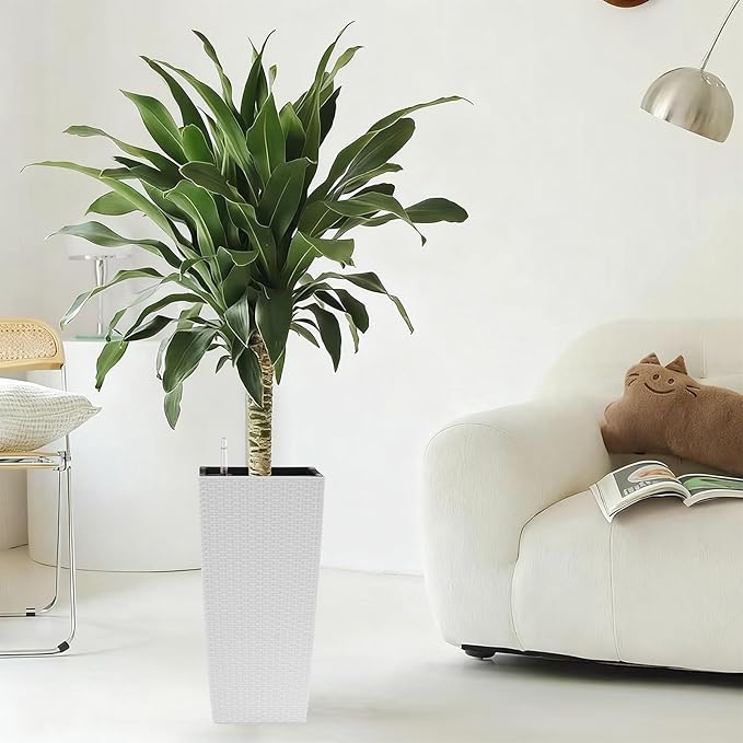 2 Pack Tall Planters for Indoor or Outdoor Plants, Self-Watering Pots with Drain Holes, 22-Inch High Faux Rattan Design Modern Tall Square Planter Box for Porch, Patio, Backyard (Pack of 2, White)