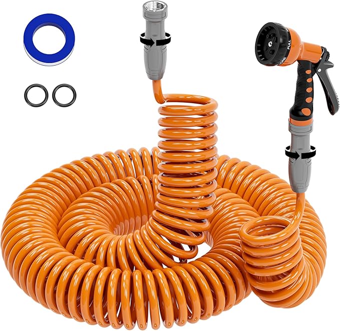 SPECILITE 3/8” Lightweight Coil Garden Hose 100 FT, EVA Retractable Curly Water Pipe with 6-Pattern Spray Nozzle for Boat, Greenhouse, Yard, Patio (Orange)